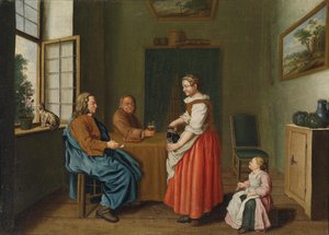 Interieur met twee mannen aan tafel en een dienstmeid die hen bedient door Jan Josef Horemans II
